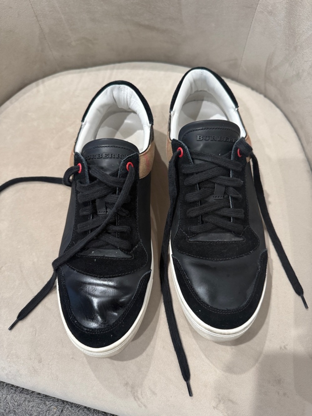 Burberry Men’s Black Leather & Suede Low-Top Sneakers with Tan Check Accent